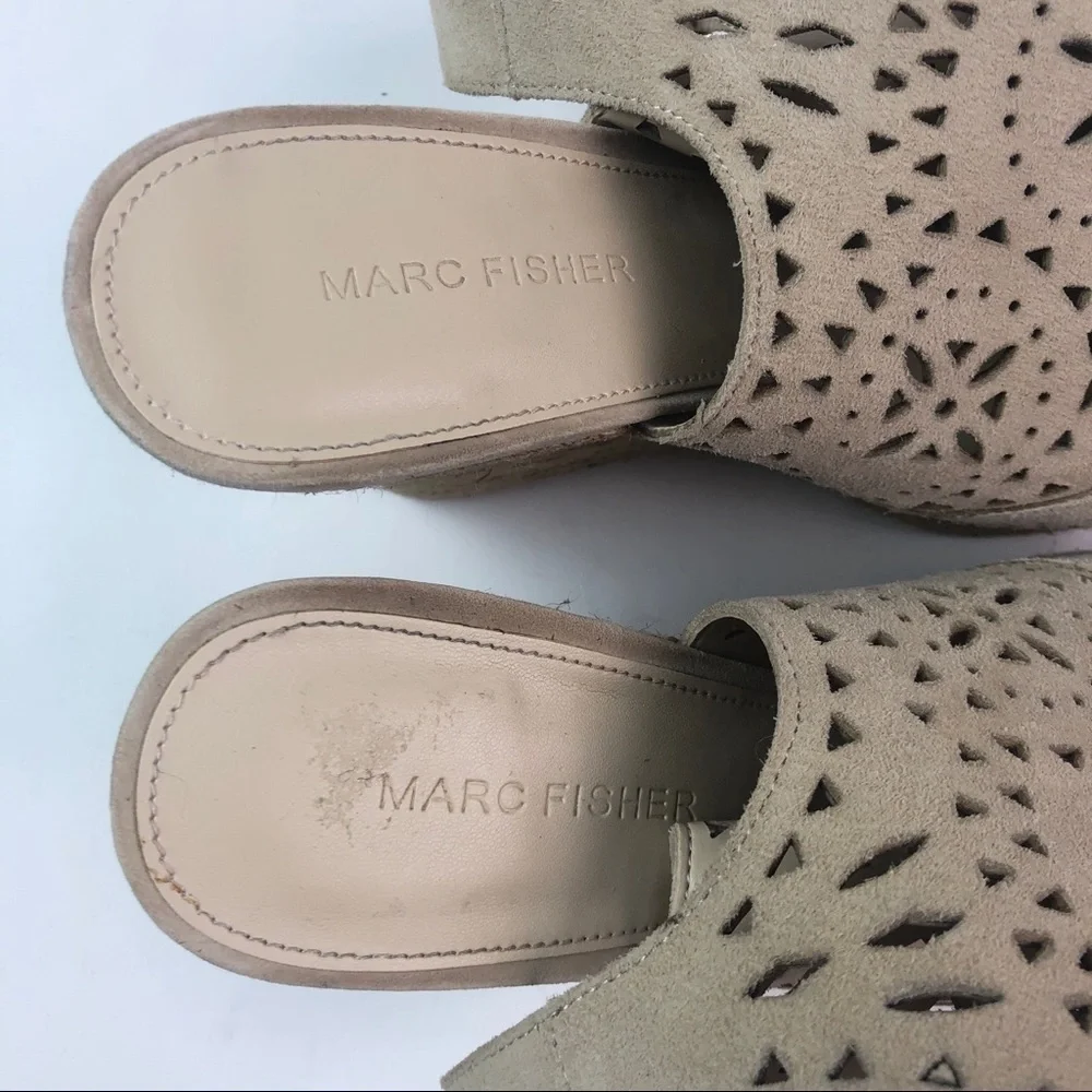 Marc Fisher Harlea Perforated Suede Wedge Espadrille Sandals beige tan neutral
